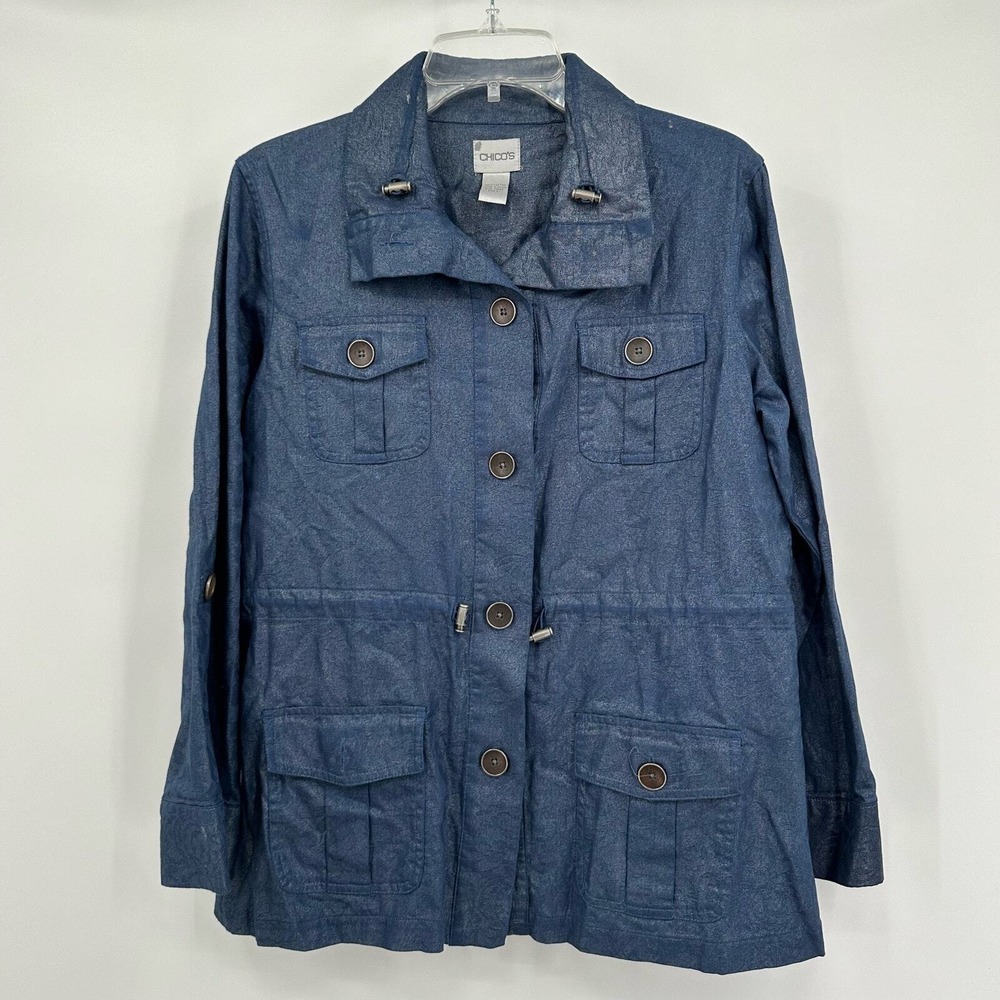 Chicos‎ Womens Denim Utility Jacket Size M Minimalist Cargo Layering Casual Blue